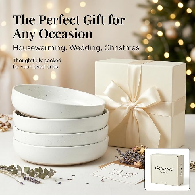 Gencywe 8.3" Pasta Bowls Set of 4, 34 oz Ceramic Salad Bowls, White Serving Plate, Wide and Shallow Bowl for for Fruits, Noodle, Dinner, Housewarming Wedding Christmas Dishwasher and Microwave Safe