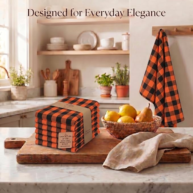 Urban Villa Kitchen Towels Cotton Dish Towels 20”x30” (Set of 6) Orange Blk