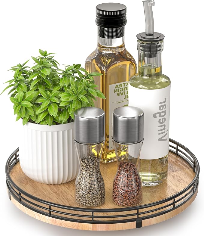 AMH 10-Inch Farmhouse Oak Lazy Susan Organizer for Cabinet | Smooth rotating oak tray with walnut finish for dining tables, kitchen counters, pantries and cabinet storage.