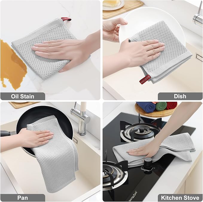 Homaxy 8 Pack 100% Cotton Kitchen Towels and Dishcloths Set, Light Gray | 12 x 12 Inches and 13 x 28 Inches Kitchen Towels Set, Ultra Soft Absorbent Dish Cloths for Washing Dishes