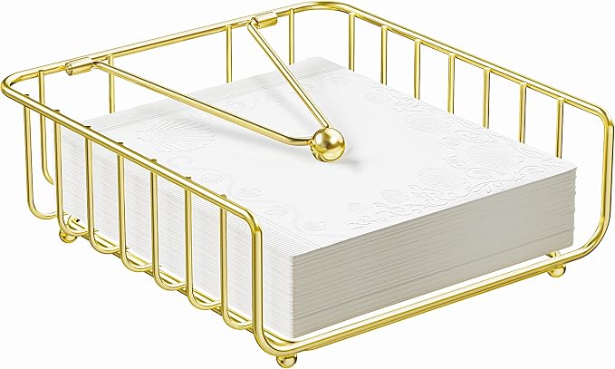 Napkin Holder for Table with Weighted Arm, Dinner Metal Flat Napkin Holders for Paper Napkins, Outdoor Napkin Dispenser Restaurant (Gold)
