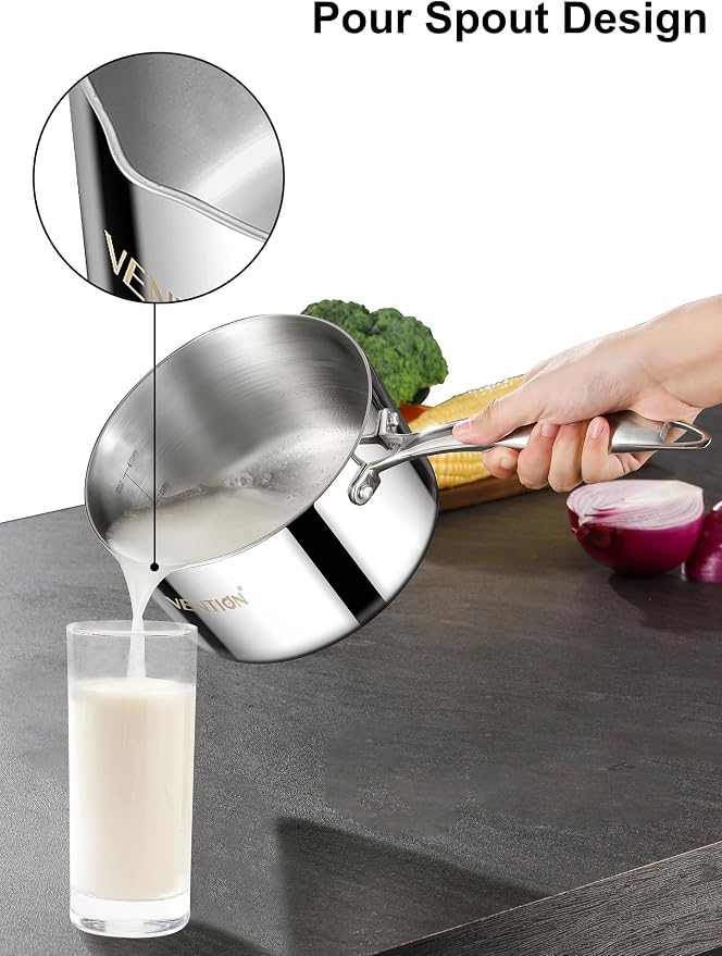 VENTION Tri-Ply Stainless Steel 1.4 Quart Induction Saucepan with Lid | Small Sauce Pan with Pour Spout, Small Cooking Pot for Tea and Milk