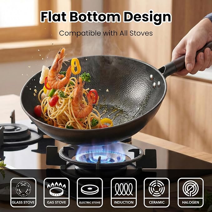 13 Inch Carbon Steel Wok with Lid, Large Flat Bottom Woks & Stir-Fry Pan | Large Chinese Wok Pan, 6.45QT, Nitrided Carbon Steel, No Chemical Coating, For All Stoves
