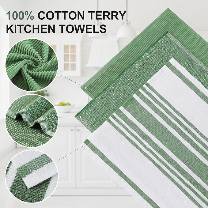 Homaxy Cotton 380 GSM Premium Kitchen Towels, 18"x28", 12 Pack, GrassGreen | Soft and Absorbent Terry Dish Towels, Multipurpose Tea Towel Set with Hanging Loop, 3 Styles Kitchen Hand Towels