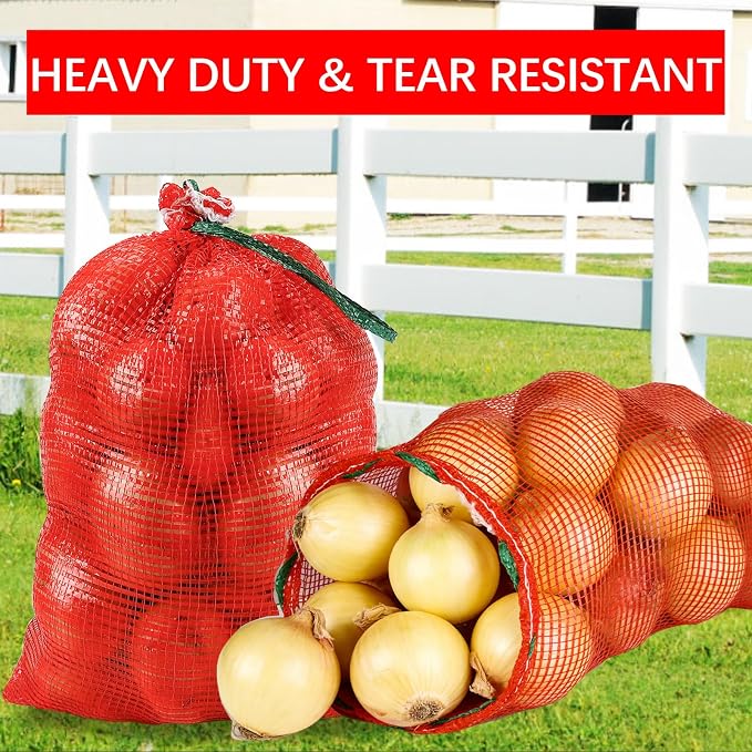 50 Pcs 20x14in Red Mesh Onion Bags with Drawstring, 35 lb Reusable Fresh Produce Onion Storage Sacks For Onions Potato Garlic Citrus Crawfish Firewood ,Washable Breathable Net Bags For Vegetable | Breathable
