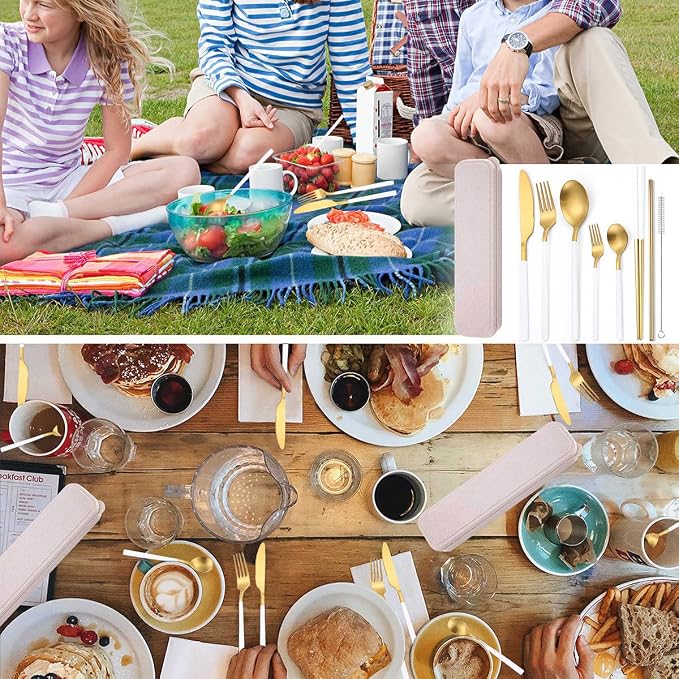 AARainbow 8 Pieces Stainless Steel Flatware Set Portable Reusable Cutlery Set Travel Utensils Set Including Chopsticks Knife Fork Spoon Straws Cleaning Brush Dishwasher Safe (B-White Golden)