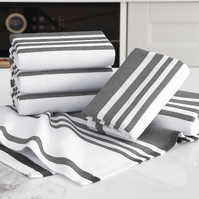 Homaxy Premium Cotton Stripe Kitchen Towels 6 Pack, 18"x 28", Black | Large 380 GSM Kitchen Hand Towels, Soft Terry Dish Towels, Highly Absorbent Tea Towel Set with Hanging Loop