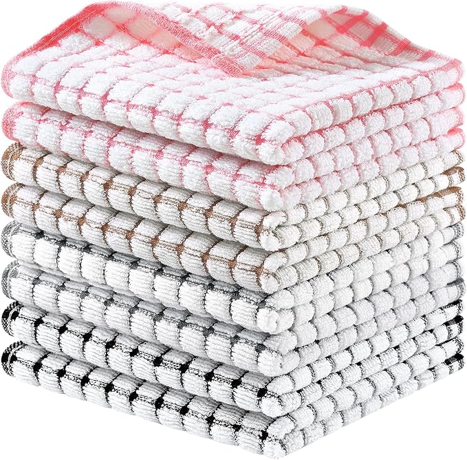 Homaxy 8 Pack Terry Kitchen Dish Cloths, 12"x12", Black/Grey/Pink/Brown | Super Soft and Absorbent Dish Rags, Quick Drying Reusable Dish Towels for Washing Dishes