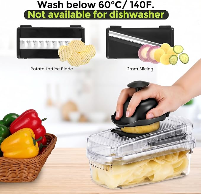 Yusshn Vegetable Chopper, 12-in-1 Food Veggie Chopper Cutter with Container | 7 Sharp Blades Dice, Slice, Shred and Grate for Salads, Onions and Meal Prep, with a Non-Slip Base and Drain Basket