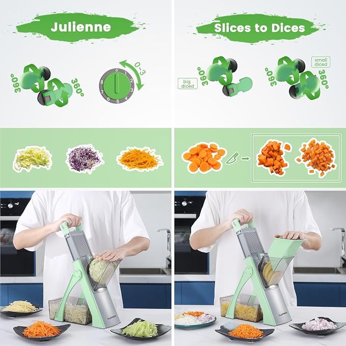 Upgrade Safe Mandoline Slicer for Kitchen, SupMaKin Bigger Entrance Vegetable Food Slice Potato Slicer Chopper, Adjustable Thickness Multi Mandolin, Julienne + Dicer Kitchen Must Haves Green | 0.1-8mm, Cut Resistant Stainless Steel Blades,Potato Fry Cu...