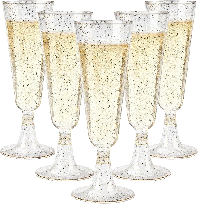 GuanQiao 40 Pack Plastic Champagne Flutes, 5.5 OZ Disposable Plastic Champagne Glasses with Gold Glitter, Wine Glasses Cups for Wedding Celebration Party Wine Tasting New Years Eve Supplies