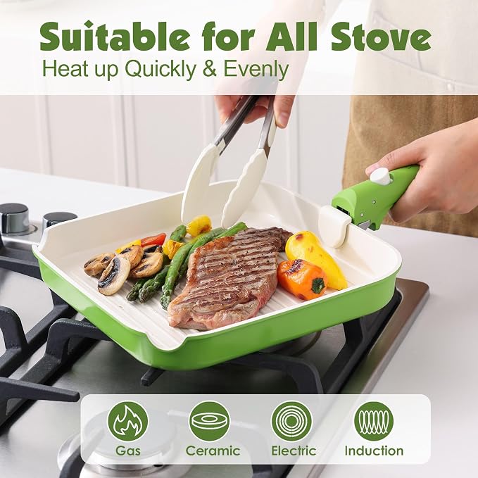 SENSARTE 17 Piece Ceramic Detachable Handle Pots and Pans Set Green | Ceramic Cookware Set, Induction Cookware Set with Removable Handle, Healthy Non Stick for RV, Dishwasher ＆ Oven Safe