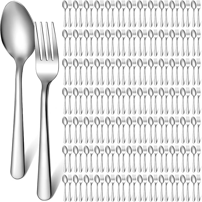 BBTO 200 Pcs Forks and Spoons Silverware Set Bulk Stainless Steel Flatware Cutlery Set 6.7'' Kitchen Utensils for Home Restaurant 50 Dinner Fork, 50 Teaspoon, Mirror Polished, Dishwasher Safe