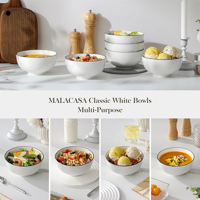 MALACASA 26 Oz Ceramic Cereal Bowls Set of 6 - White Bowl wtih Black Rim | Perfect for soup, cereal, ramen, rice, oatmeal & salad; Scratch-resistant; stackable, microwave, oven & dishwasher safe