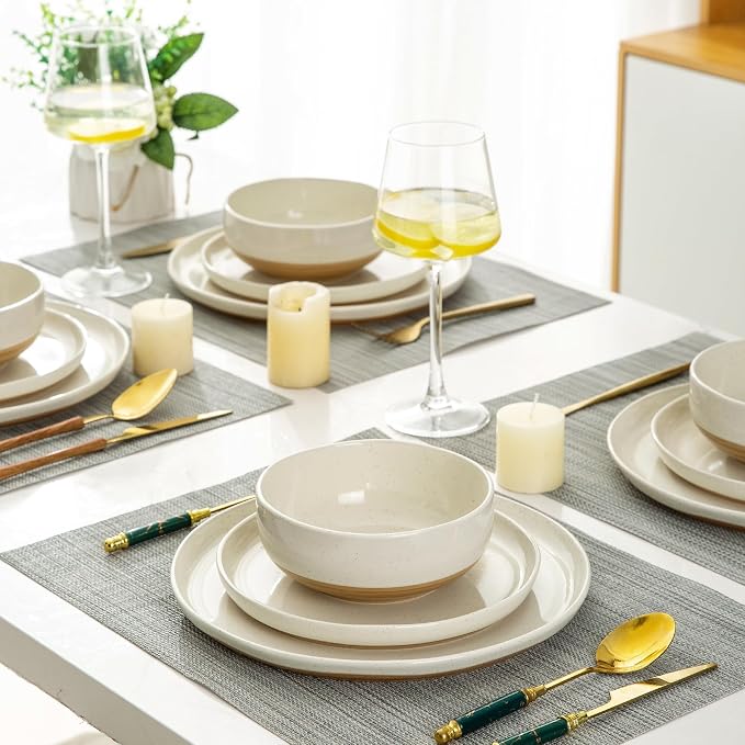AmorArc Dinnerware Sets for 6, 18 Pieces Ceramic Plates and Bowls Set | Scratch Resistant Stoneware Dishes Set, Dishwasher & Microwave Safe, Light Beige