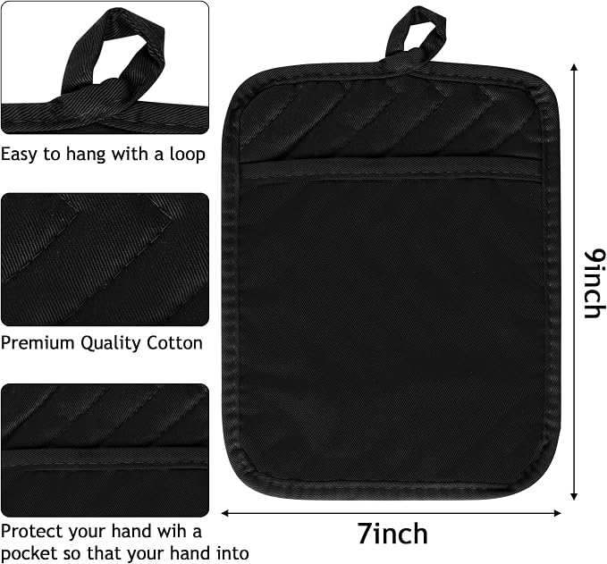 R HORSE 6Pcs Black Pot Holders with Pocket for Kitchen, 7''x 9'' | Cotton Potholders, Heat Resistant Oven Mitts, Non-slip Terry Cloth Trivet, Ideal for Baking Cooking, Machine Wash