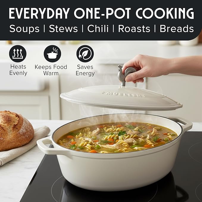 MUELLER HOME 5.5 Quart Enameled Cast Iron Oval Dutch Oven with Rooster Knob & Cotton Potholders, Heavy-Duty Cookware, Oven-Safe up to 500° F & Across All Cooktops, Gifts for Grandma & Women, White | Rooster Knob, Cotton Potholders Included, Oven-Safe u...