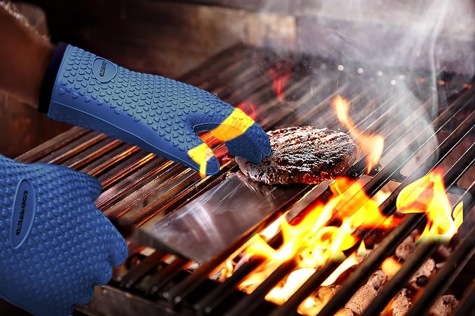 KITCHEN PERFECTION XL Silicone Smoker BBQ Gloves -Heat Resistant Oven Mitts | Waterproof, 5-Finger Design For A Better Grip, for Pitmasters, Meat Smoking, Grilling, Cooking, Frying Turkey | Grill Gift