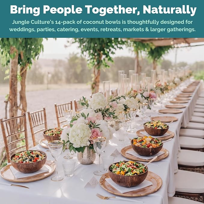 Jungle Culture 14 Pcs Bulk Coconut Bowls • Large 13–14 cm / 5.3-5.9" Natural Coconut Shell Bowls for Acai, Salads, Dessert, Smoothies • Wedding & Party Event Tableware • Eco Reusable