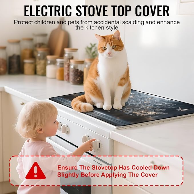 NYZE 28" x 20" Electric Stove Top Cover - Silver Tree of Life Glass Stovetop Protector Mat, Heat Resistant Silicone Stove Topper & Counter Space Saver for Modern Kitchen Decor