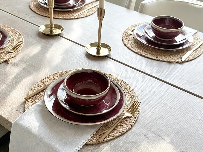 Sweejar 12 Pieces Ceramic Dinnerware Sets for 4, Burgundy Red | Gradient Glaze Plates and Bowls Set, Microwave & Dishwasher Safe, Stackable Dish Set, Scratch Resistant Dishware Sets