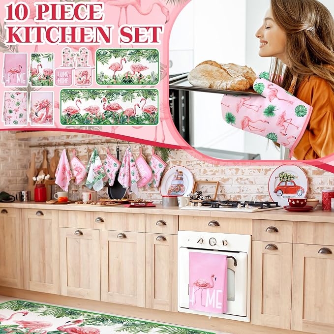 Fourluoo 10 Pcs Flamingo Kitchen Dish Towels Rugs Oven Mitts and Pot Holders Set Farmhouse Kitchen Decor Set for Women Mom Daughter Gift Cooking Baking Grilling(Cute Pink)
