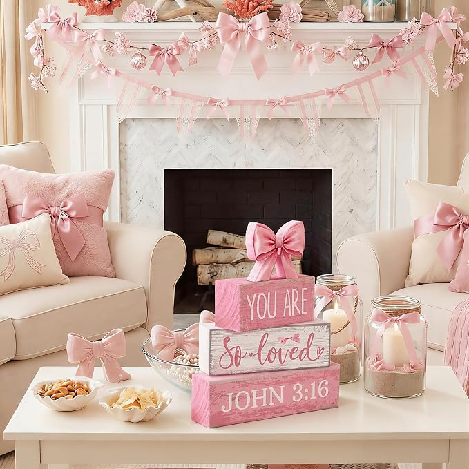 Lineshading 4 Pcs Pink Bow Decor Christian Table Decor Wooden Block Signs | Tiered Tray Filler, You Are So Loved John 3:16 Signs, Rustic Shelf Accent, Faith Gift for Girls, Tabletop Home Decorations
