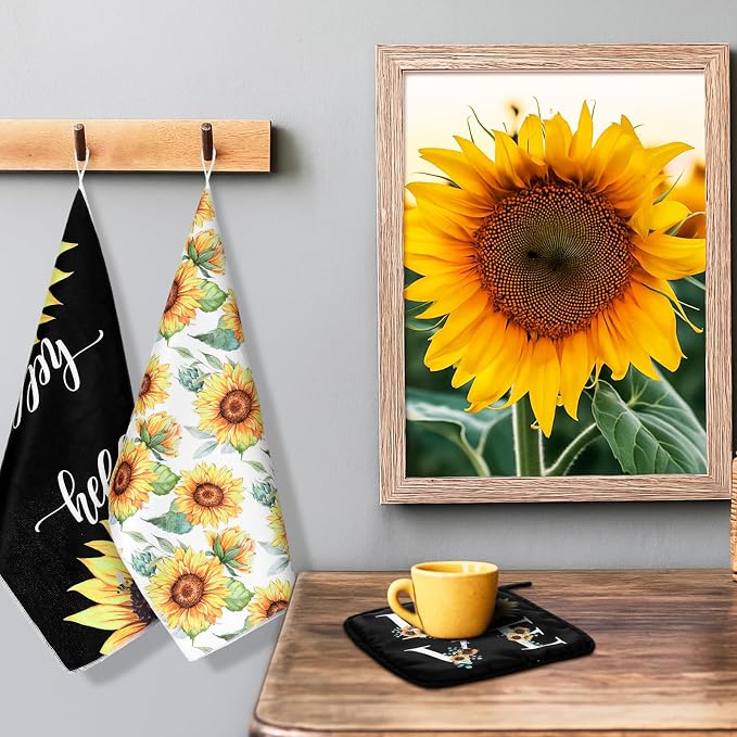 Bencailor 13 Pcs Sunflower Kitchen Decor Black and White Flower Apron Dish Towels Oven Mitt and Pot Holder Set Sunflower Kitchen Accessories for Farmohouse Home Decor