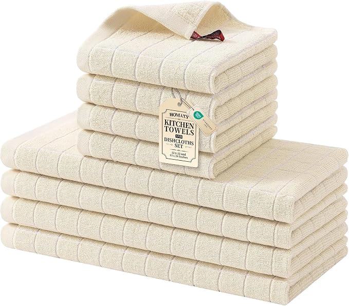 Homaxy Kitchen Towels and Dishcloths Set, Set of 8, Beige | Bulk Cotton Terry Kitchen Towels, Checkered Designed, Soft and Super Absorbent Dish Towels, 12 x 12 and 13 x 28 Inches