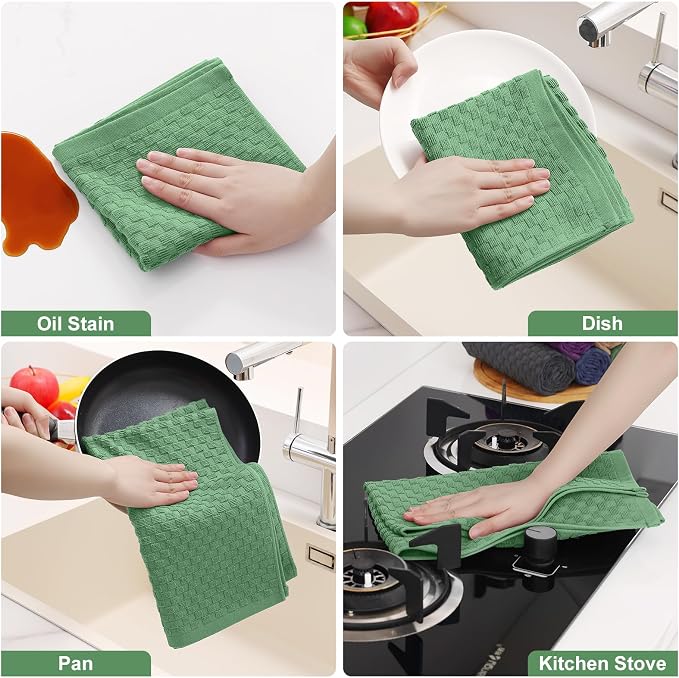 Homaxy 100% Cotton Terry Kitchen Towels(15" x 25", 12 Pack), Grass Green | Soft and Super Absorbent Dish Towels, 380 GSM Reusable Tea Towel with Hanging Loop, Pineapple Grid Designed