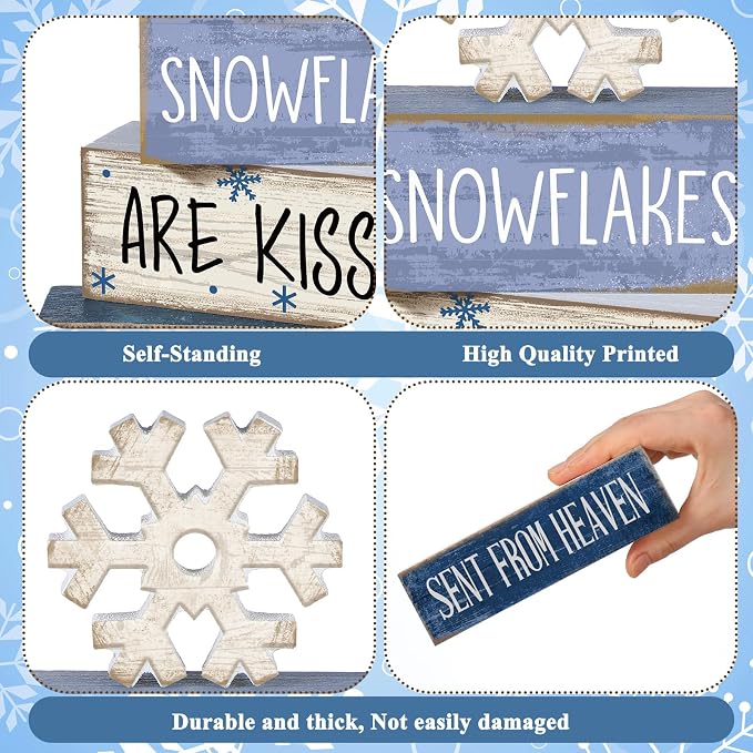 Lineshading 4 Pcs Wooden Snowflake Signs Farmhouse Tiered Tray Decor | Rustic Wooden Blocks for Tabletop or Mantel, Winter Home Decorations, Gift Set for Tiered Tray Filler