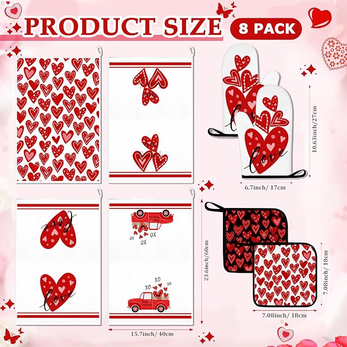 8 Pcs Red Heart Kitchen Decor and Accessories Set 4, Kitchen Dish Towels, Red Love Heart 2 Oven Mitt 2 Pot Holders for Home Decoration Cooking Baking, Mom Daughter Gift Housewarming