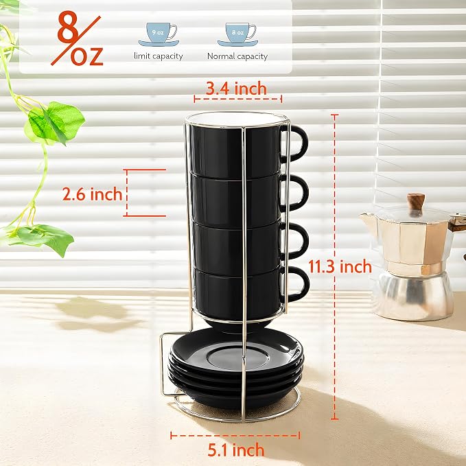 Sweese 8 Ounce Stackable Cappuccino Cups with Saucers and Metal Stand,Black | Porcelain Cappuccino Cups Set of 4 for Specialty Coffee Drinks, Cappuccino, Latte, Americano, Cafe Mocha and Tea