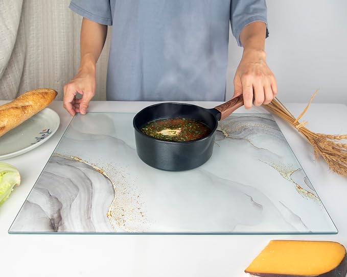 Glass Cutting Board 20”x16”: Tempered Glass Kitchen Counter Protector - Durable- Scratch-Resistant, Heat-Proof - Design 7 - White & Gold