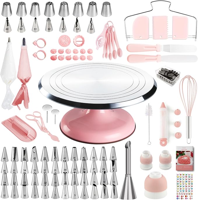 Cake Decorating Supplies Kit Set of 138pcs | 12 Inch Aluminium Cake Turntable, 64 Numbered Icing Piping Tips, 2 Spatulas, 3 Icing Comb Scraper and Leveller, Piping Bags