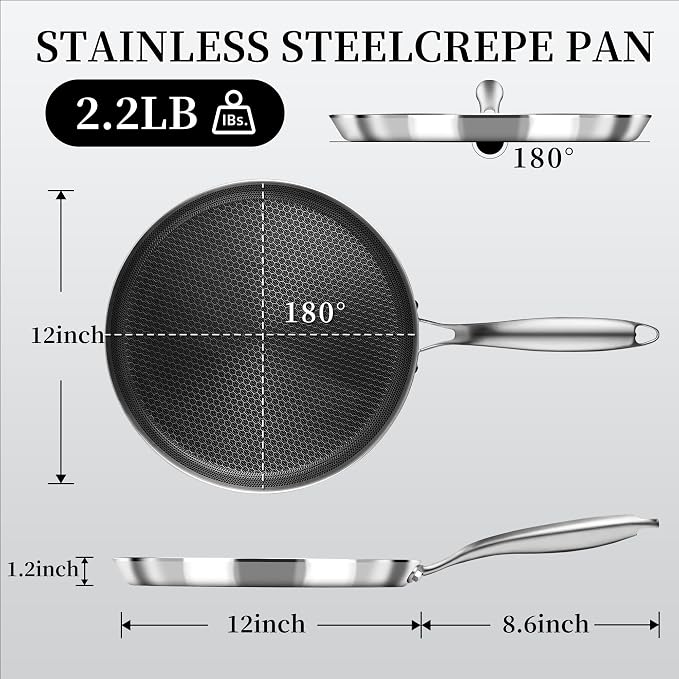 Innerwell 12 Inch Stainless Steel Crepe Pan,Nonstick dosa tawa | Honeycomb nonstick coating, PFOA-free.Compatible with All Stoves. Easy to clean.Oven Safe&Dishwasher Safe