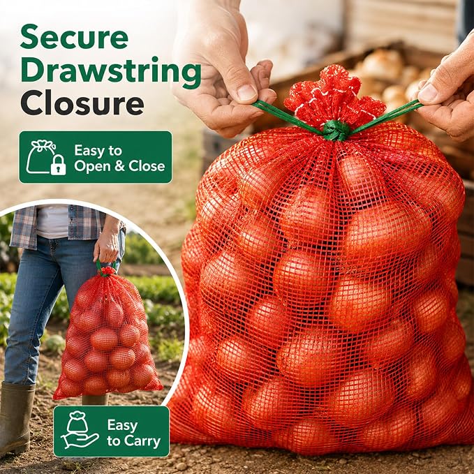 Sukh 7 PCS Large Mesh Onion Bags - 60 lb Capacity Mesh Storage Produce Bags | Hanging Reusable Breathable Vegetable Net Sacks with Drawstring for Onions, Potatoes, Citrus and Crawfish, 20 x 32 Inch, Red