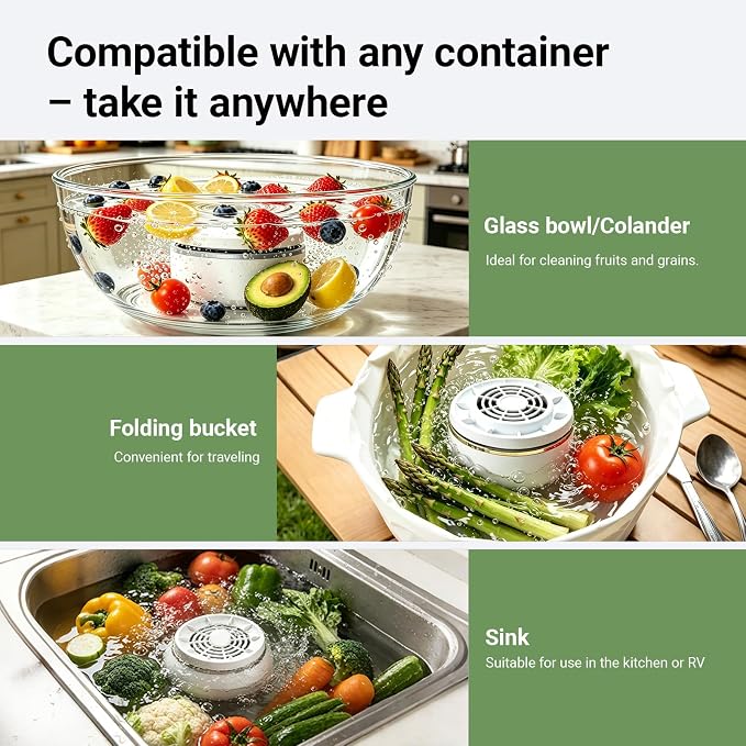 Fruit and Vegetable Washing Machine with Advanced Ion Purification,Deeply Removes Wax, Impurities & Surface Residues from Fruits, Meat, Veggies - Ideal for Home Kitchen, RV, Camping & Travel.