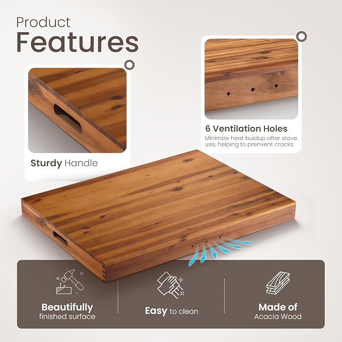 TIDITA Stove Top Covers for Electric Stove, Noodle Board, 30”x22” (Outer) | 28.9”x20.8” (Inner), Acacia Wood, Integrated Handles, Non-Skid Pads, X-Large Wooden Noodles Board stove cover, Multi-Use