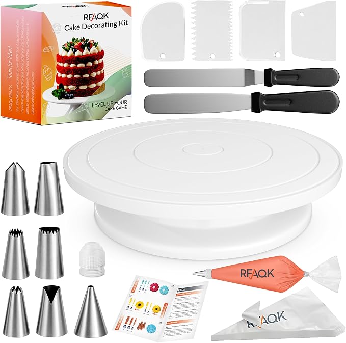 RFAQK 35PCs Cake Decorating Kit with Cake Turntable, Piping Bags and Tips | Turntable, 2 Spatula, 20 Icing Bags, 4 Scraper, 7 Piping Tips, Coupler