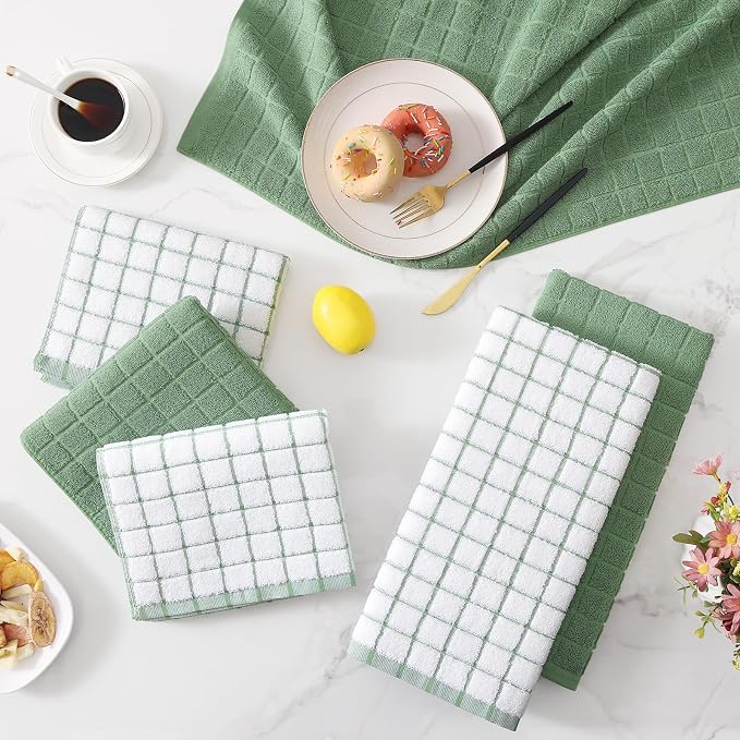Homaxy Large Premium Cotton Kitchen Towels 16"x 28", 12 Pack, Grass Green | Natural Ring Spun 390 GSM Dish Towels, Super Absorbent Terry Kitchen Hand Towels, Soft Tea Towels with Hanging Loop