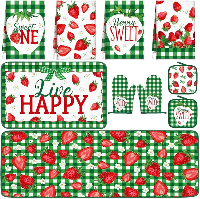 Fourluoo 10 Pcs Strawberry Kitchen Decor Set Dish Towels Rugs Oven Mitts and Pot Holders for Cooking Baking Grilling Women Mom Gift