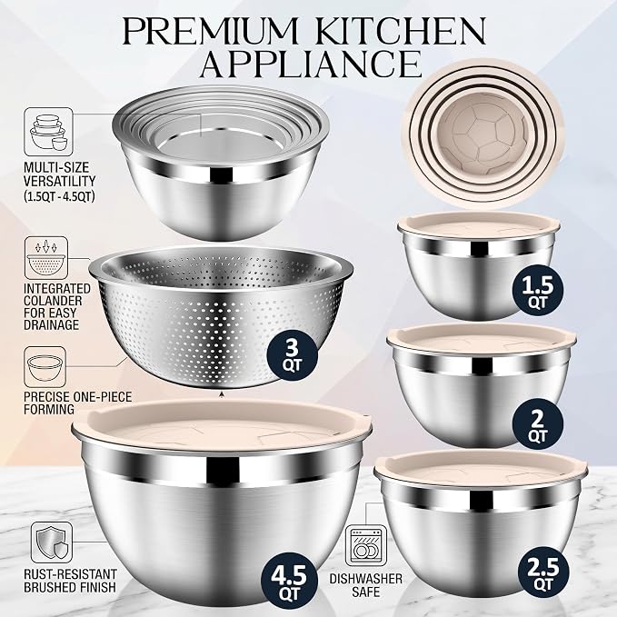 DUTZUN Stainles Steel Mixing Bowls with Lids Set, Stackable Metal Mixing & Serving Bowl with Strainer, 5-Piece - Beige