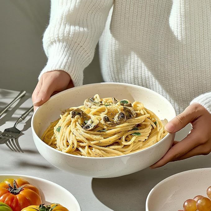 Gencywe 8.3" Pasta Bowls Set of 4, 34 oz Ceramic Salad Bowls, White Serving Plate, Wide and Shallow Bowl for for Fruits, Noodle, Dinner, Housewarming Wedding Christmas Dishwasher and Microwave Safe