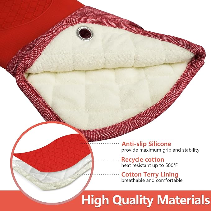 Professional Microwave Silicone Oven Mitts one Pair, Kitchen Mitten Set | Heat Resistant with 500 Degrees Oven Gloves Pot Holder for BBQ Cooking Baking (Red)