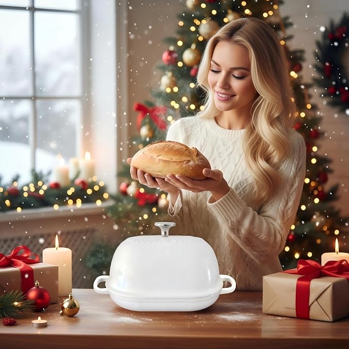Cast Iron Bread Oven,6 QT Bread Oven,Thick Enameled Loaf Pan with Lid,Bread Pans for Homemade Bread,14.5"Dutch Oven for Bread Baking,Dutch Oven-with Silicone Baking Mat&Recipe,Gifts for Family,White