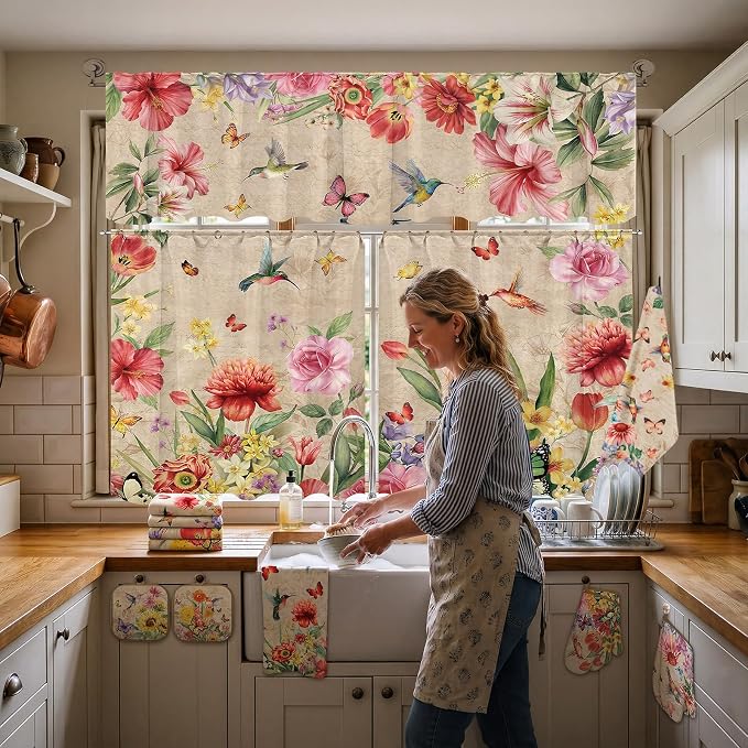 13 Pcs Wildflowers Grass Kitchen Decor Set 3 Hummingbird Kitchen Curtains Valance 2 Spring Rugs and Mats 4 Towels 2 Pot Holders 2 Oven Mitts for Home Cooking Grilling Housewarming Gift
