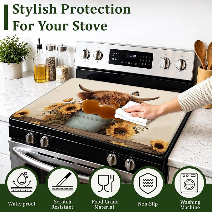 Highland Cow Sunflower Farmhouse Stove Top Cover for Electric Stove 28.5"x 20.5",Heat Resistant Glass Top Stove Cover Protector, Glass Cooktop Covers,Kitchen Flat Electric Stove Top Covers