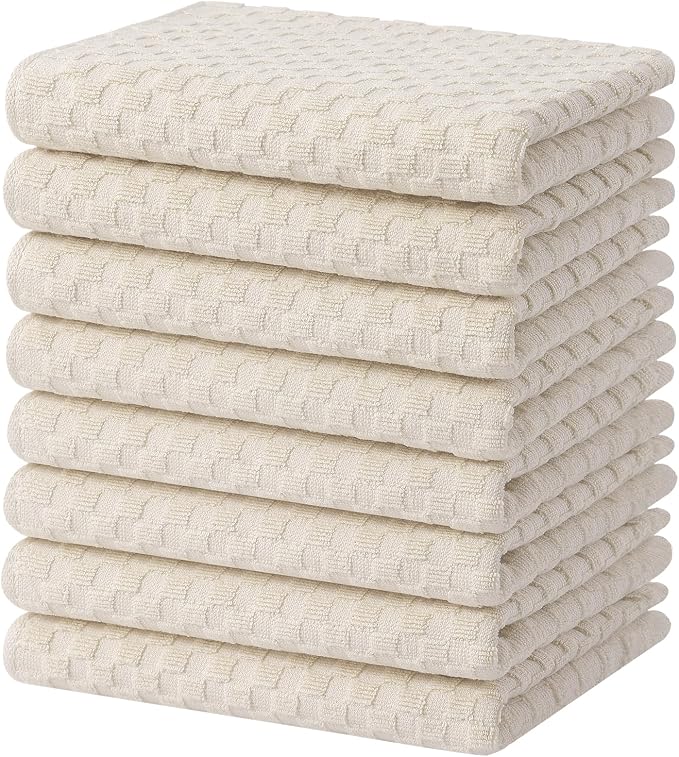 Homaxy 100% Cotton Terry Kitchen Towels(15" x 25", 8 Pack), Beige | Soft and Super Absorbent Dish Towels, 380 GSM Reusable Tea Towel with Hanging Loop, Pineapple Grid Designed