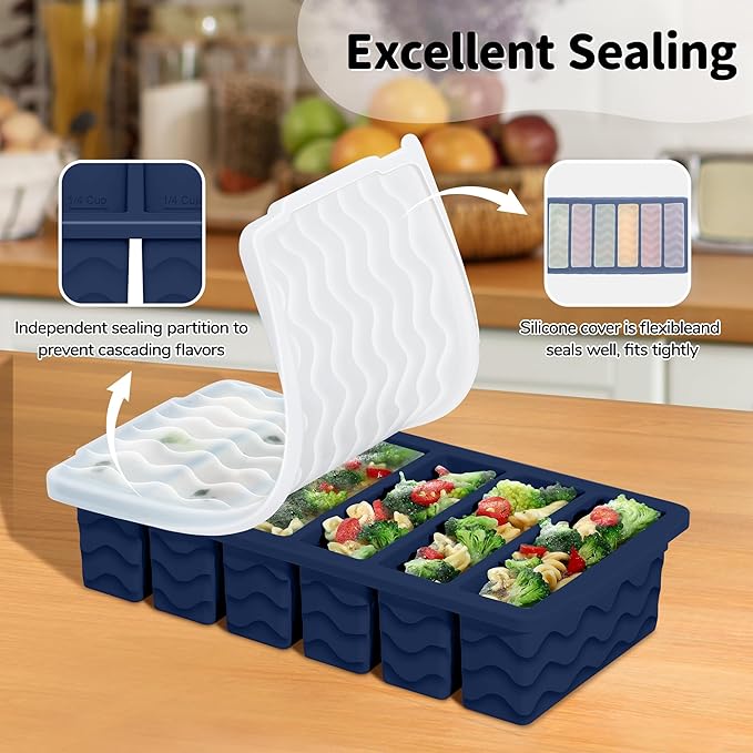 3-Pack Silicone Freezer Trays with Lid, Soup Freezer Container Molds | 2 Large 2-Cup, 4 Medium 1-Cup, 6 Small 1/2-Cup, BPA Free, Ice Cube Tray for Soup, Stews, Sauces, Meal Prep, Broth, Leftovers